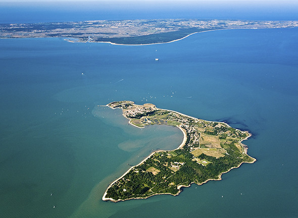 France, Charente Maritime, Ile d'Aix before the Fort Boyard and Oleron island (aerial view)